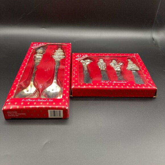 Vintage Christmas Wallace Silversmiths 2pc Salad Set and Set of 4 Spreaders - Picture 2 of 6